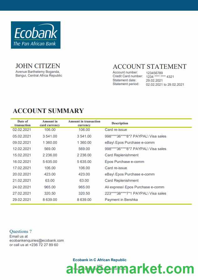 Central African Republic Ecobank bank statement